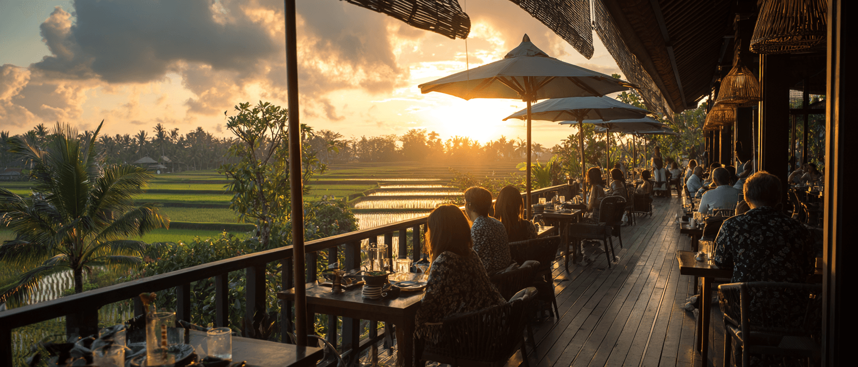 Hospitality venue overlooking rice paddies at sunset