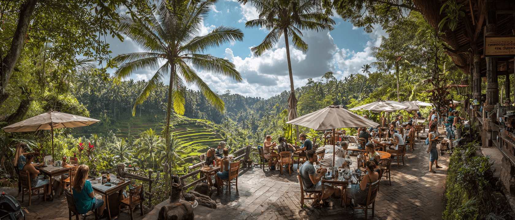 Bali restaurant terrace overlooking rice paddies